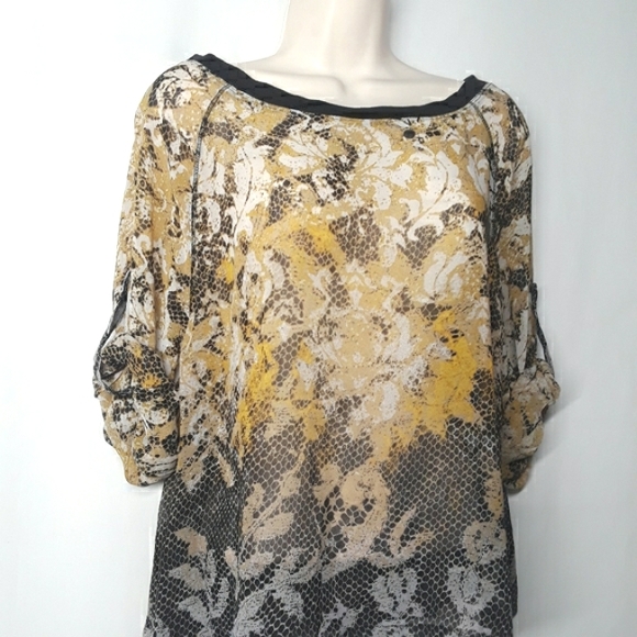 SUNSET RD. Yellow Black Print Semi Sheer Large Top - Picture 5 of 9